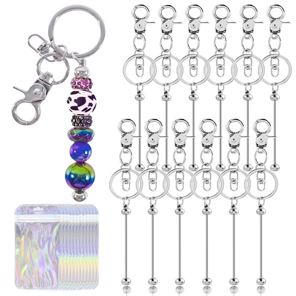 4223 48 Pcs Beadable Keychains Bars bulk - 24 Silver DIY Metal Beaded